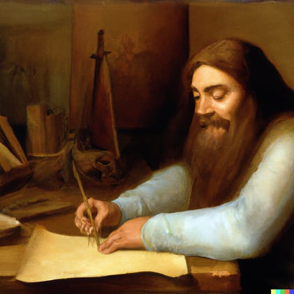 an oil painting of Davinci writing a resume