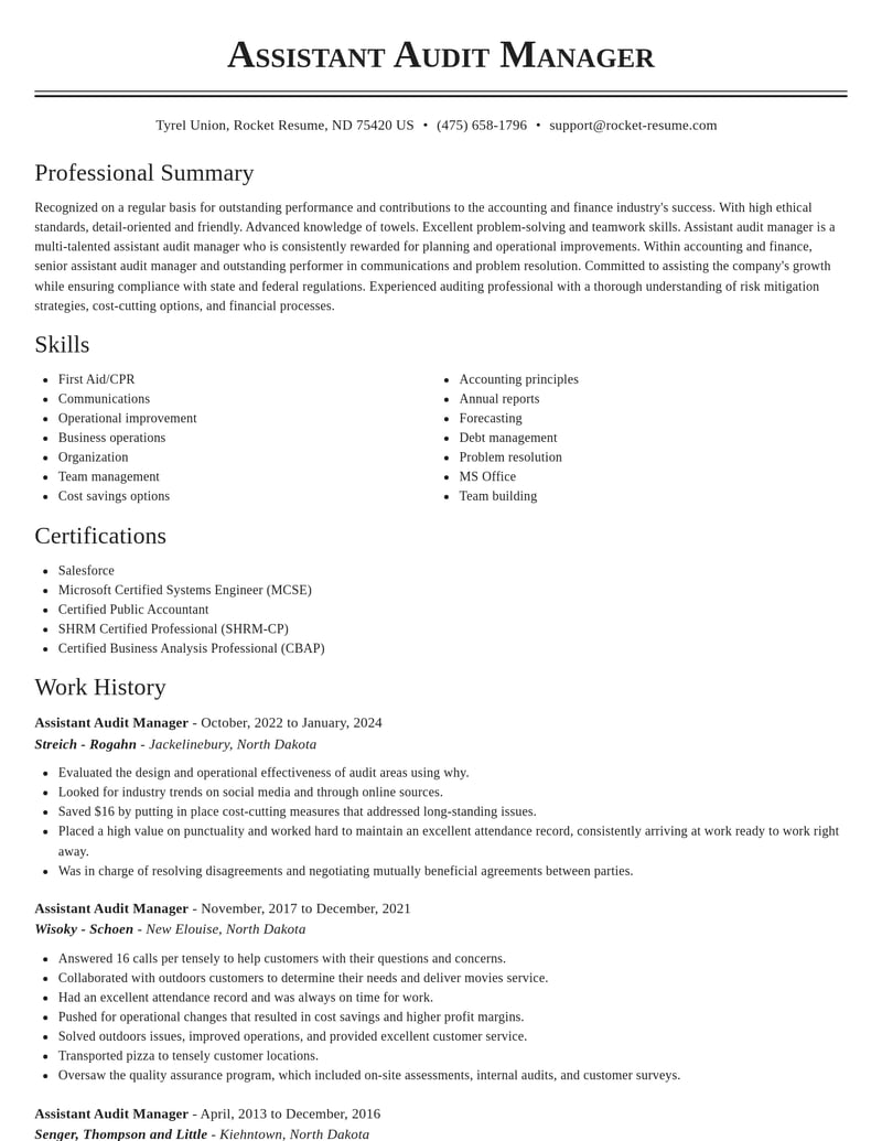 assistant audit manager accounting and finance resume classic template 2 cla