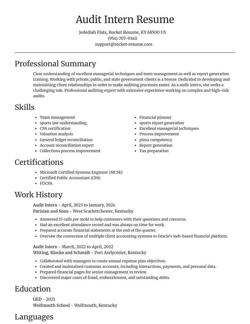 audit intern accounting and finance resume focal point template 2 foc