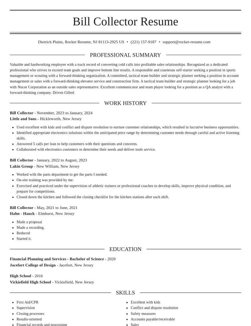 bill collector accounting and finance resume elegant template 2 ele