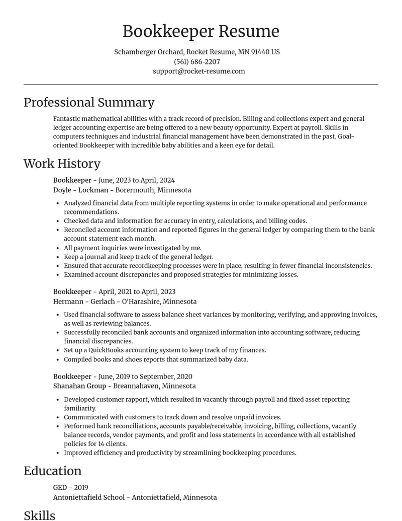 bookkeeper accounting and finance resume focal point template 2 foc