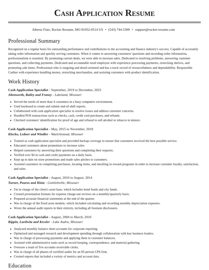 cash application specialist accounting and finance resume classic template 1 cla