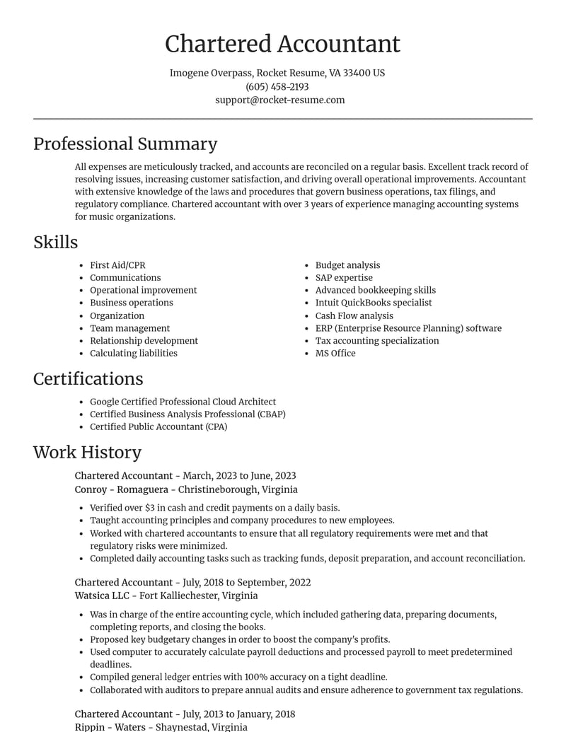 chartered accountant accounting and finance resume focal point template 1 foc