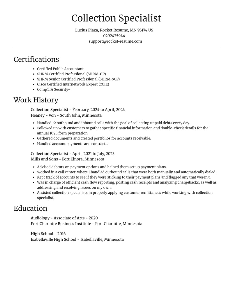 collection specialist accounting and finance resume focal point template 2 foc