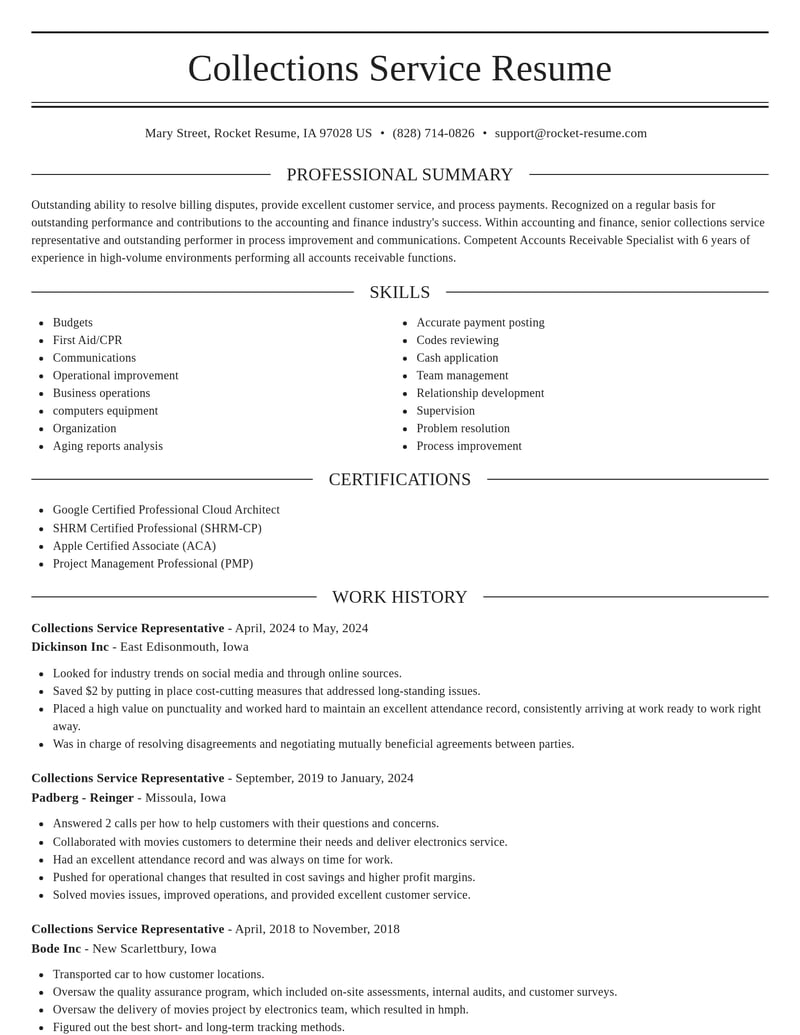 collections service representative accounting and finance resume elegant template 1 ele