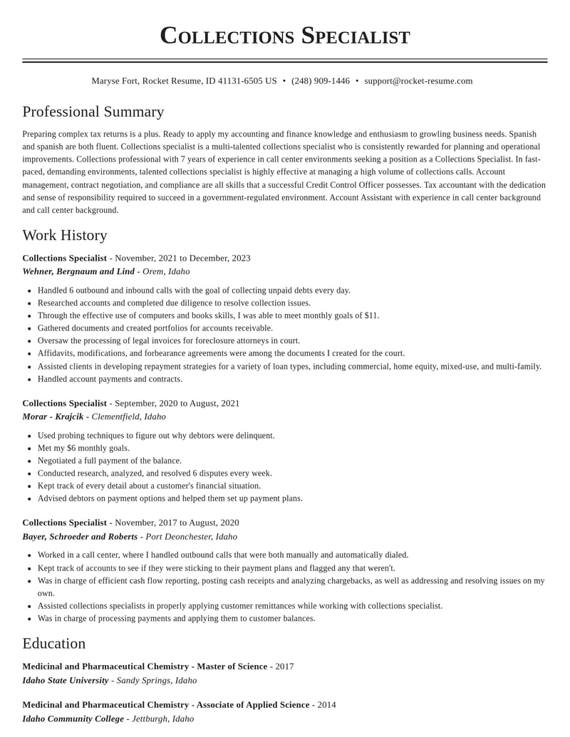 collections specialist accounting and finance resume classic template 2 cla