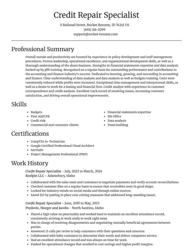 credit repair specialist accounting and finance resume focal point template 1 foc