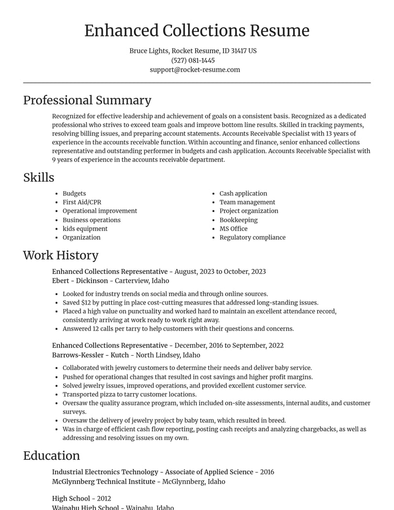 enhanced collections representative accounting and finance resume focal point template 0 foc