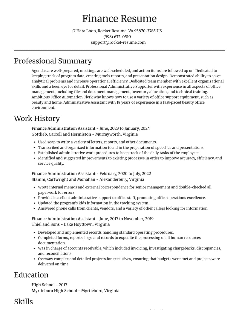 finance administration assistant accounting and finance resume focal point template 2 foc