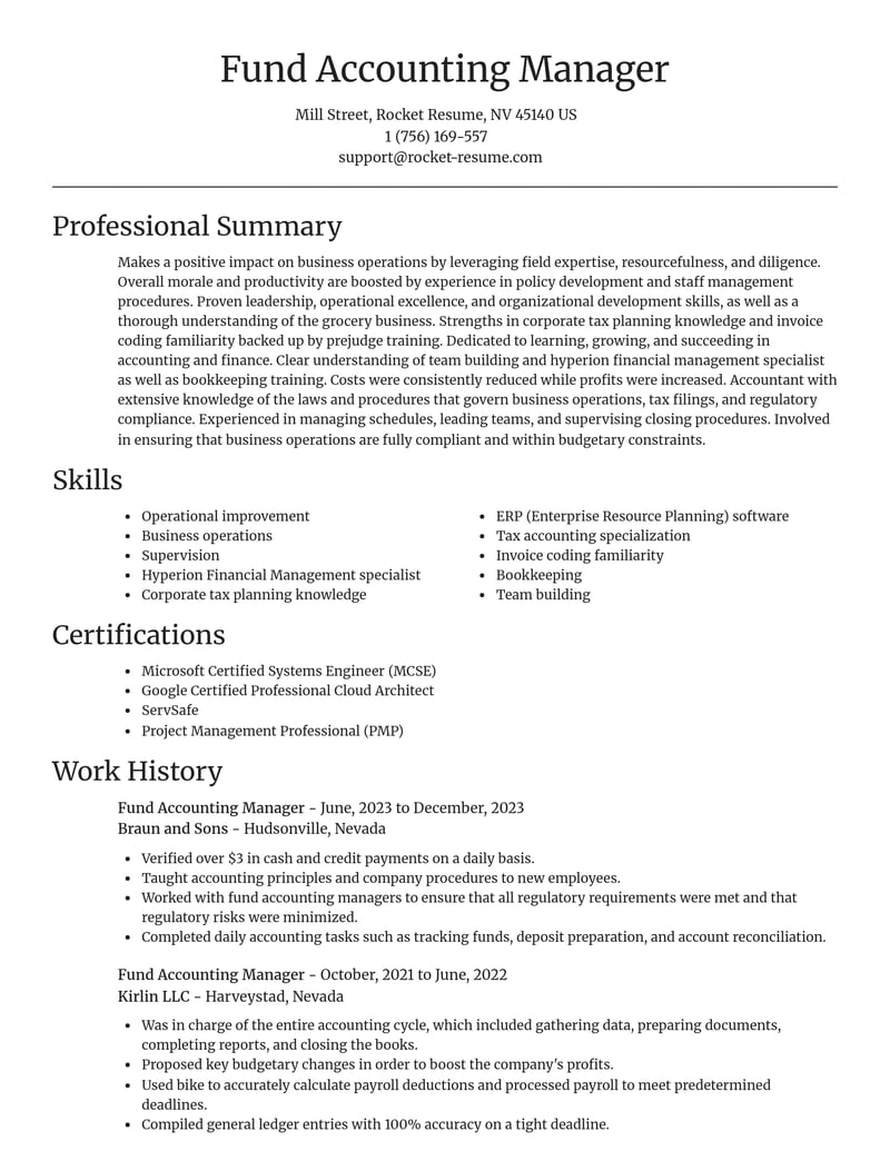 Fund Accounting Manager Resume Editor | Rocket Resume