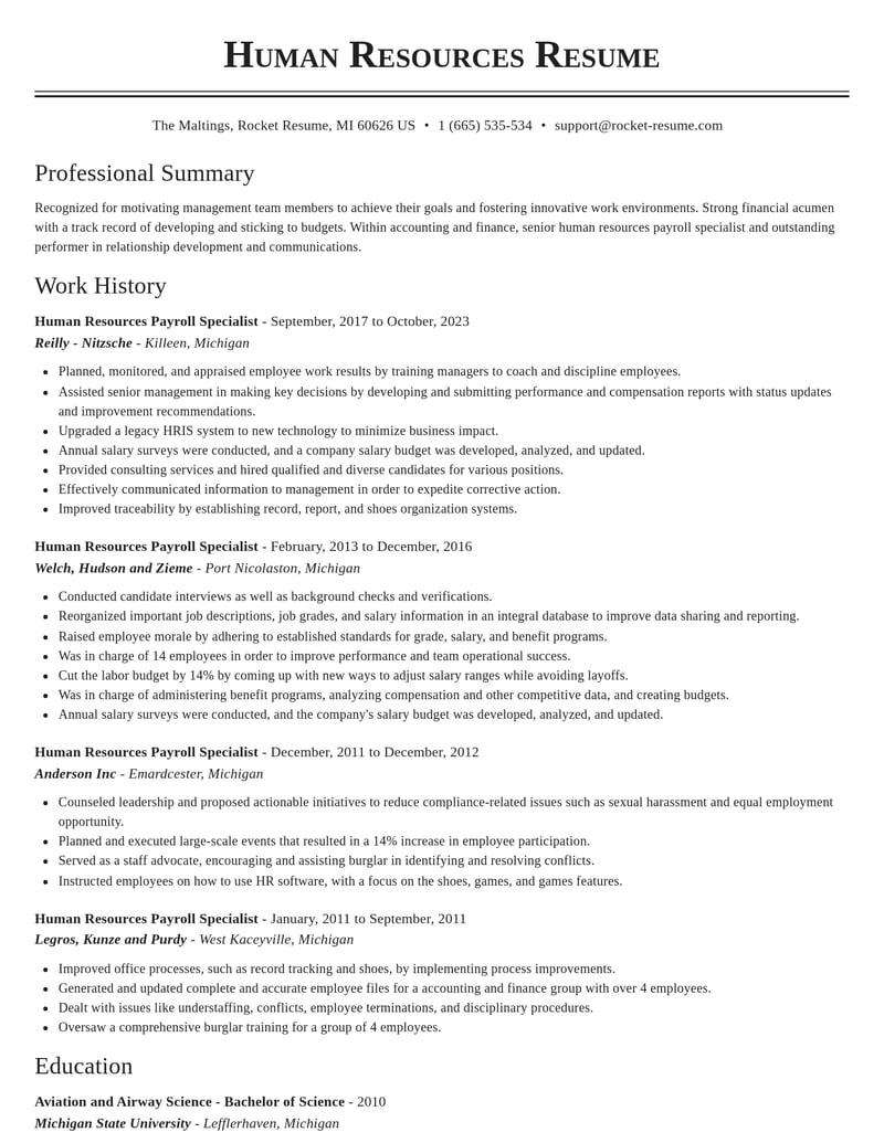 human resources payroll specialist accounting and finance resume classic template 2 cla