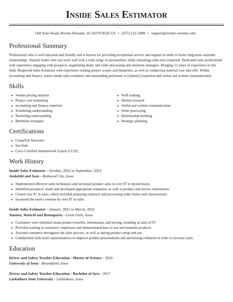 inside sales estimator accounting and finance resume classic template 0 cla