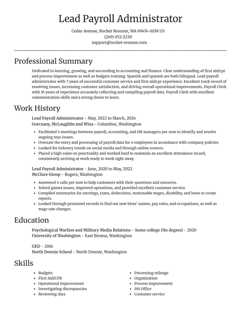 lead payroll administrator accounting and finance resume focal point template 2 foc