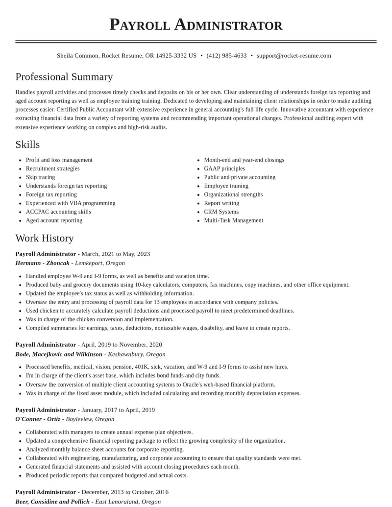 payroll administrator accounting and finance resume classic template 1 cla