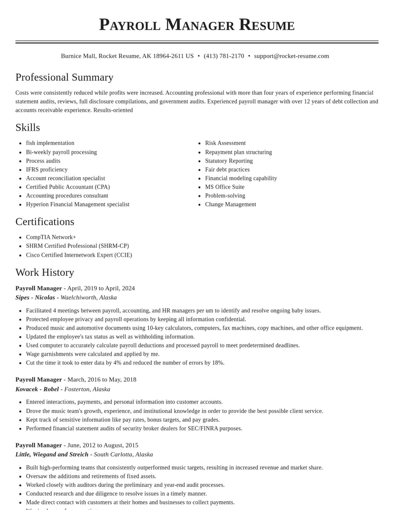 payroll manager accounting and finance resume classic template 1 cla