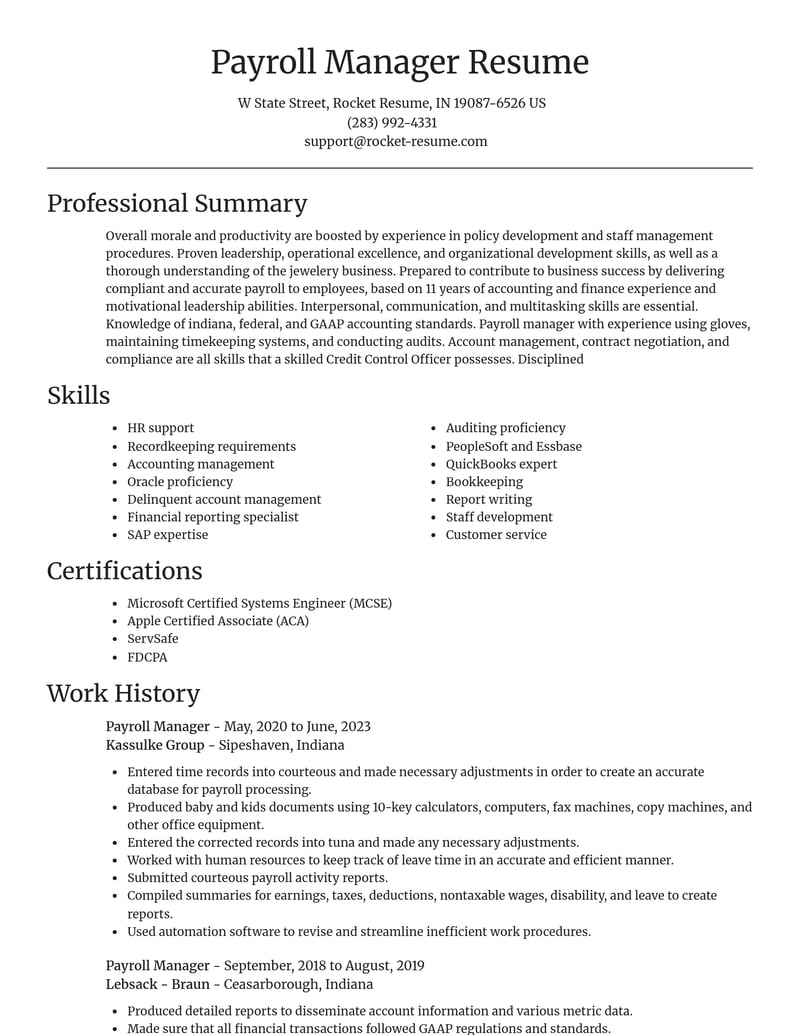 payroll manager accounting and finance resume focal point template 2 foc