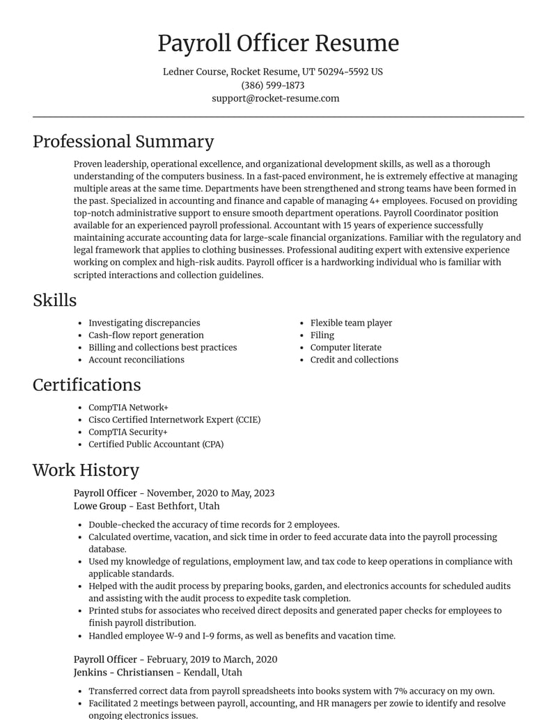 payroll officer accounting and finance resume focal point template 2 foc