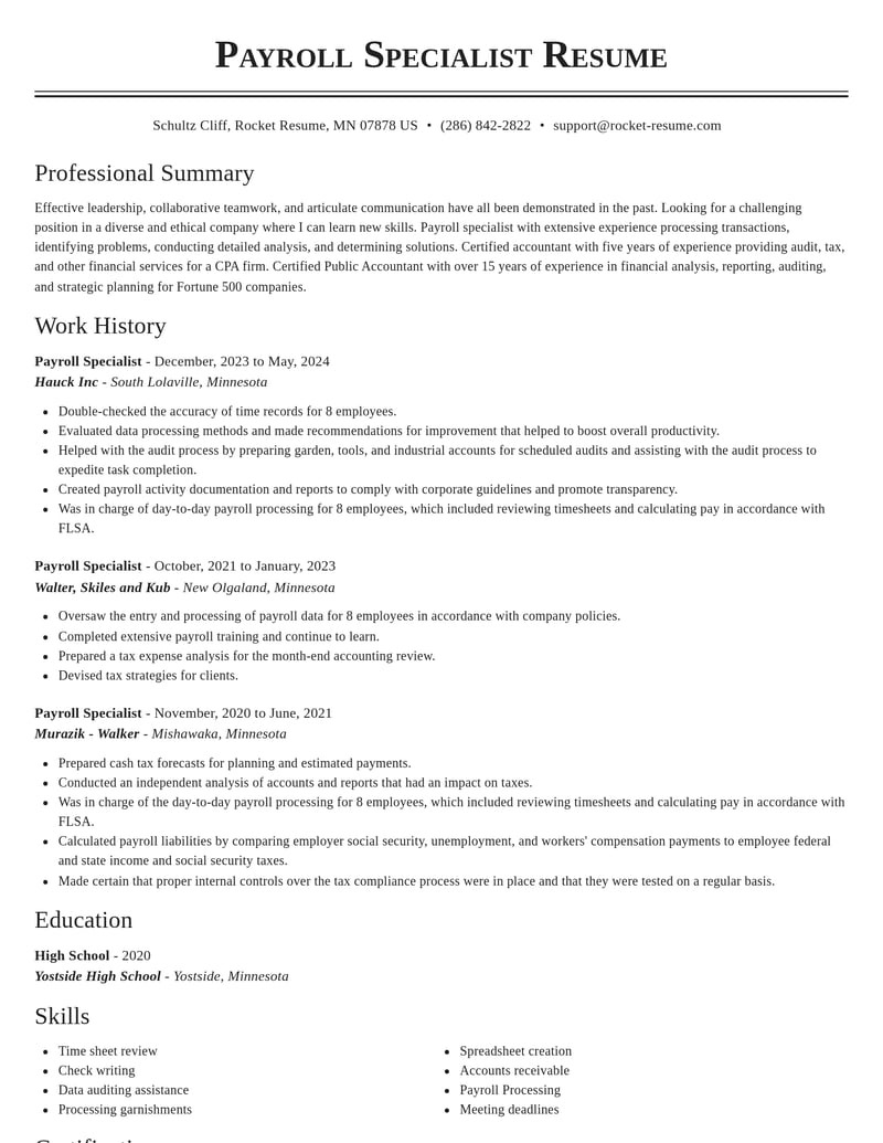 payroll specialist accounting and finance resume classic template 0 cla