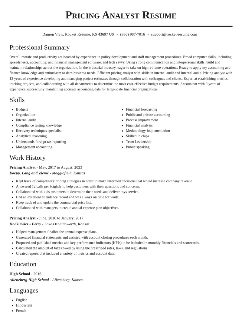 pricing analyst accounting and finance resume classic template 0 cla