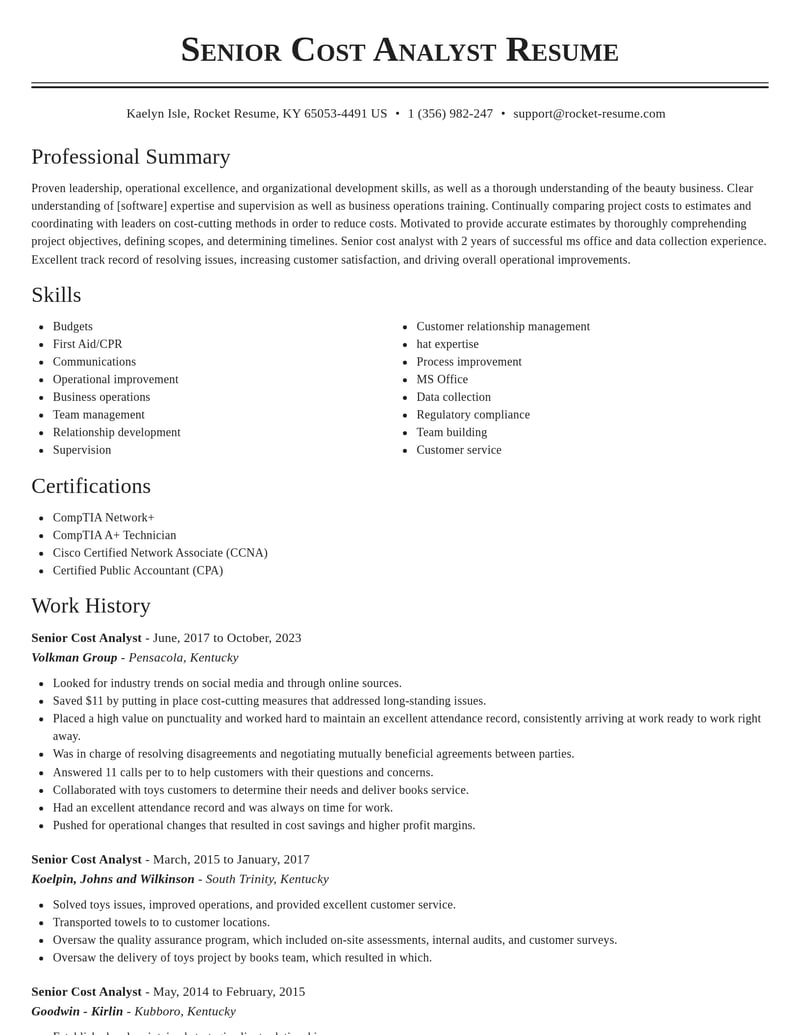 senior cost analyst accounting and finance resume classic template 2 cla