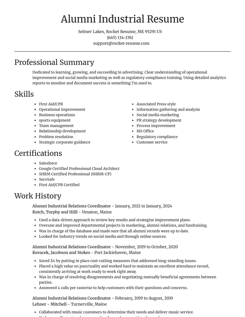 alumni industrial relations coordinator advertising resume focal point template 2 foc