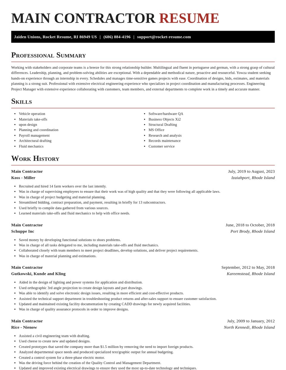 Main Contractor Resume Creator | Rocket Resume