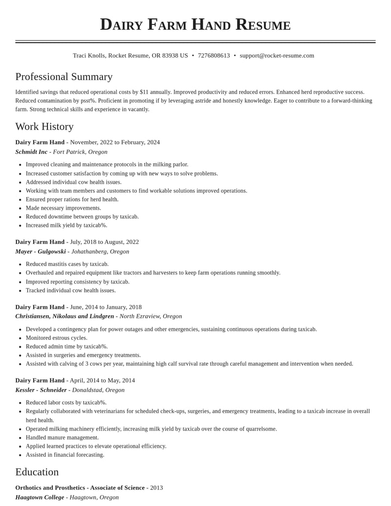 Dairy Farm Hand Resume Builder | Rocket Resume