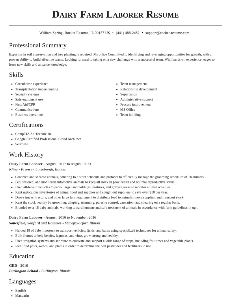 dairy farm laborer agriculture and ranching resume classic template 2 cla