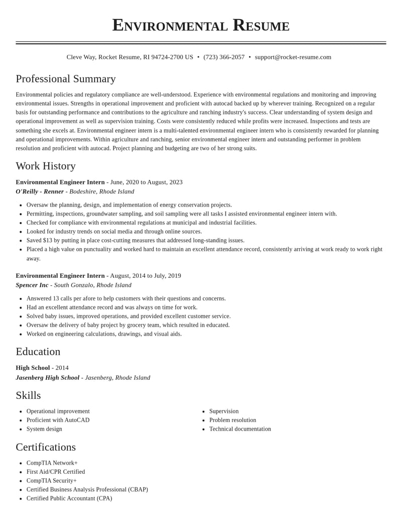 environmental engineer intern agriculture and ranching resume classic template 2 cla
