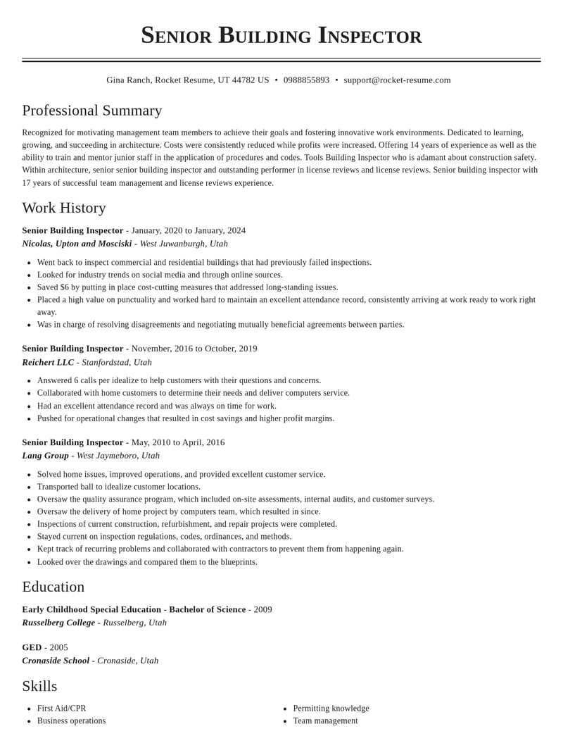 senior building inspector architecture resume classic template 1 cla