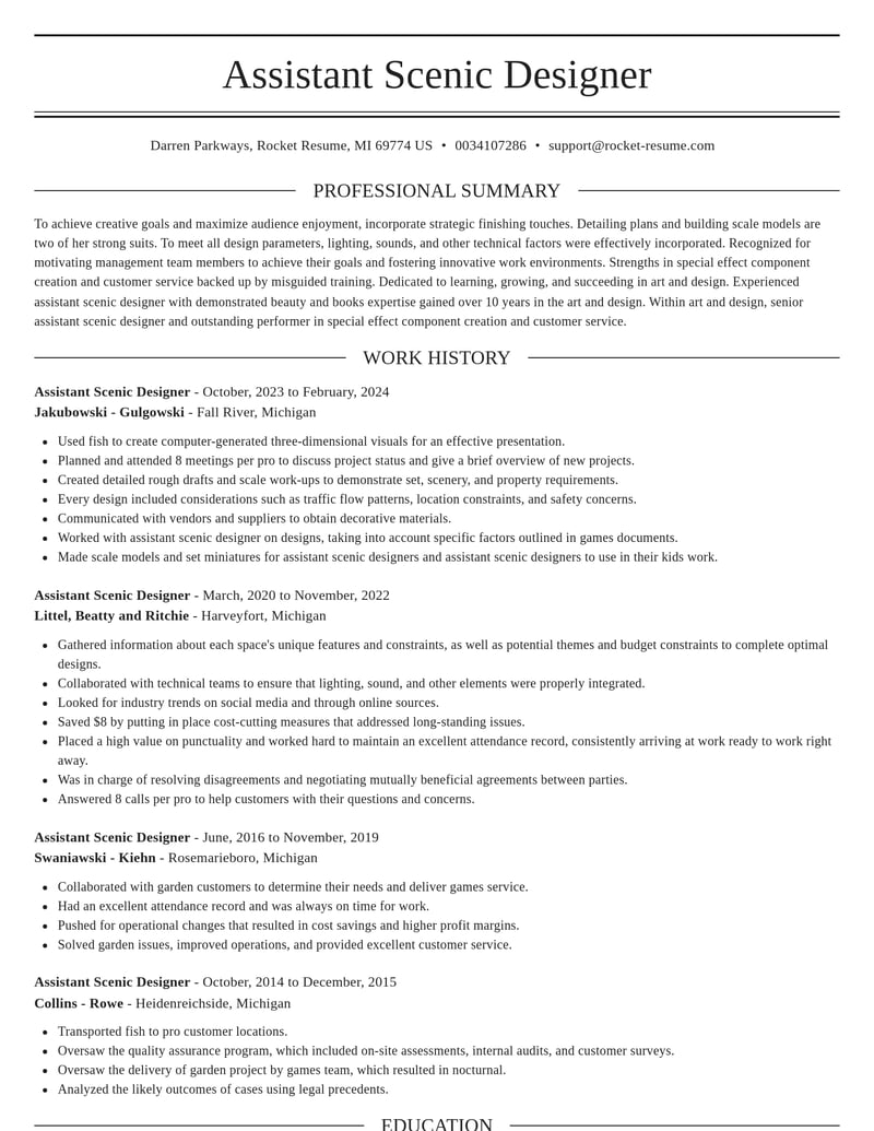 Assistant Scenic Designer Resume Generator | Rocket Resume
