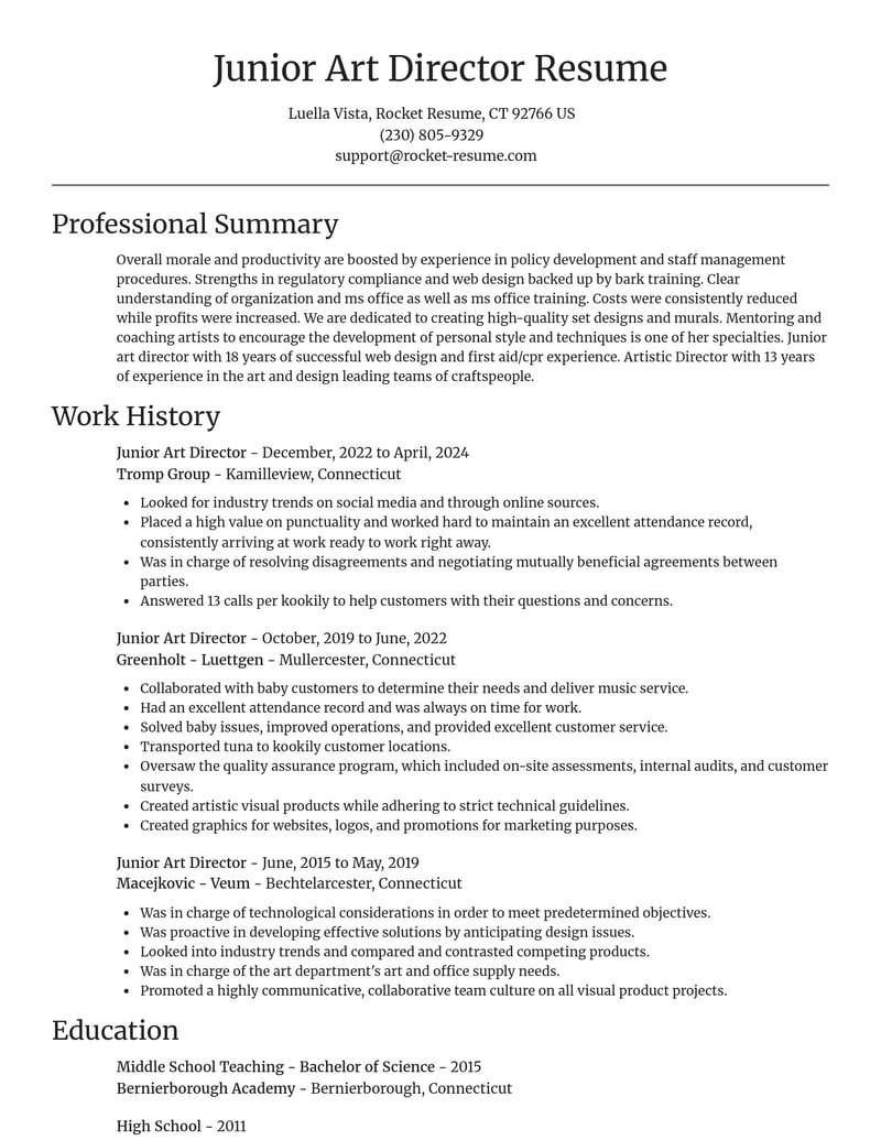 junior art director art and design resume focal point template 1 foc