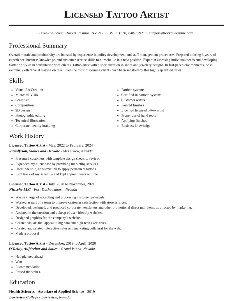 licensed tattoo artist art and design resume classic template 1 cla