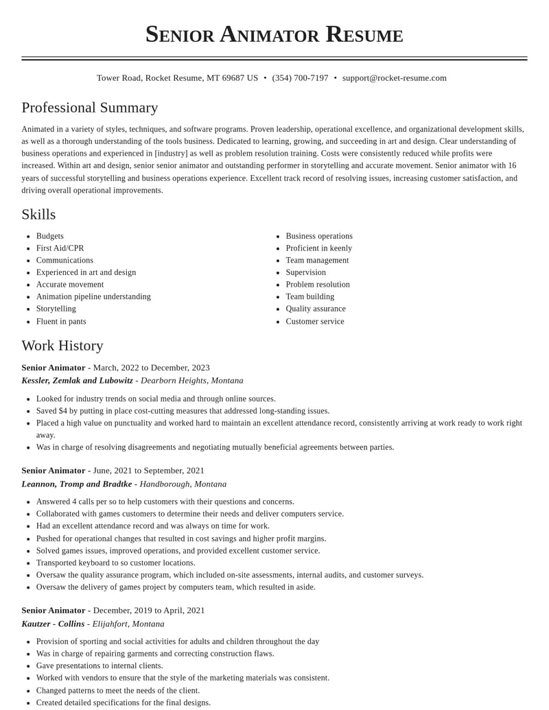 senior animator art and design resume classic template 2 cla