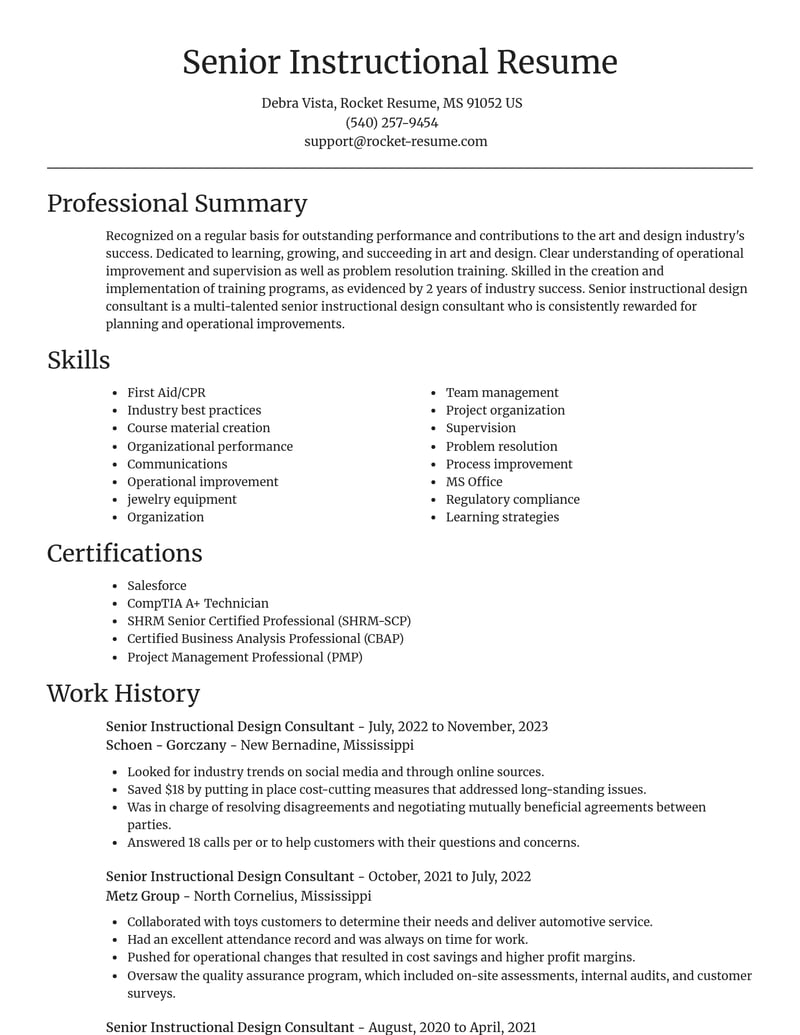 senior instructional design consultant art and design resume focal point template 2 foc