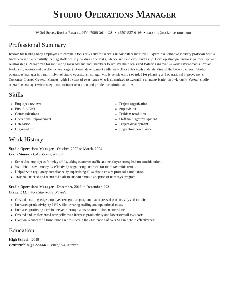 studio operations manager art and design resume classic template 1 cla