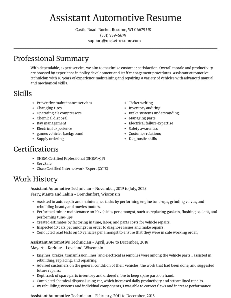 assistant automotive technician automotive and motor vehicles resume focal point template 0 foc