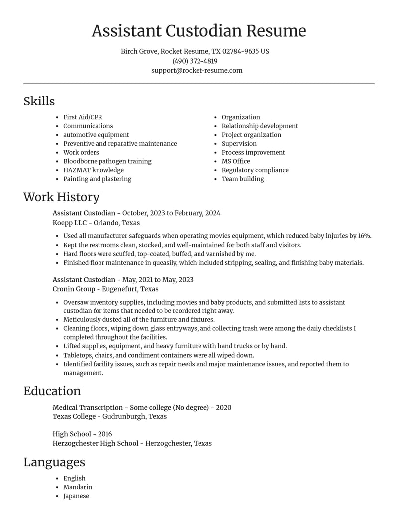 assistant custodian automotive and motor vehicles resume focal point template 1 foc
