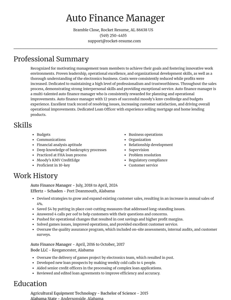 auto finance manager automotive and motor vehicles resume focal point template 0 foc