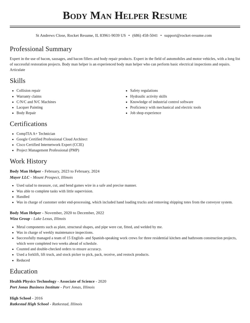 body man helper automotive and motor vehicles resume classic template 0 cla