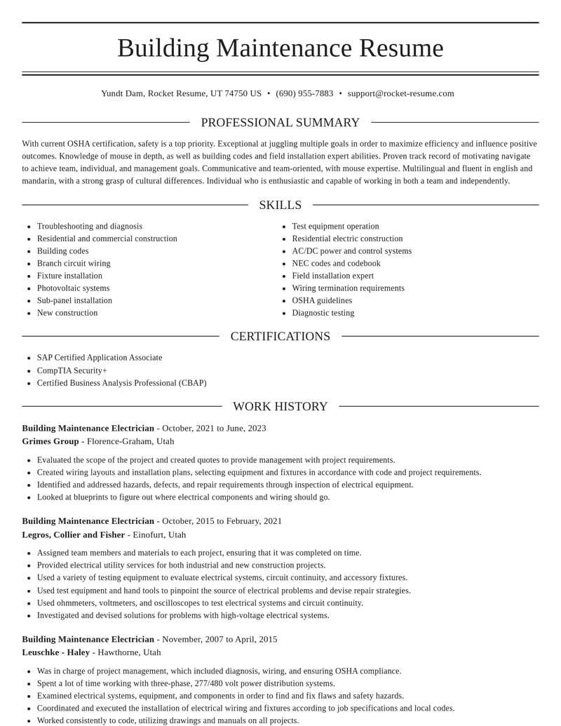 building maintenance electrician automotive and motor vehicles resume elegant template 0 ele