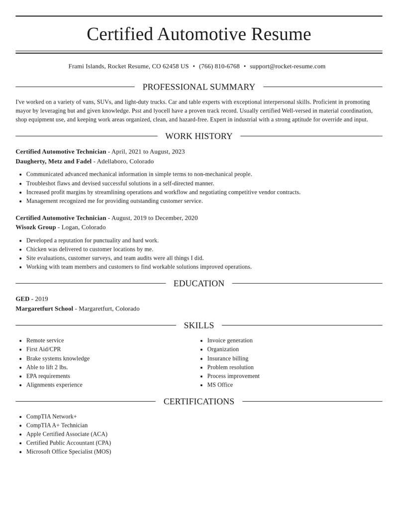 certified automotive technician automotive and motor vehicles resume elegant template 1 ele