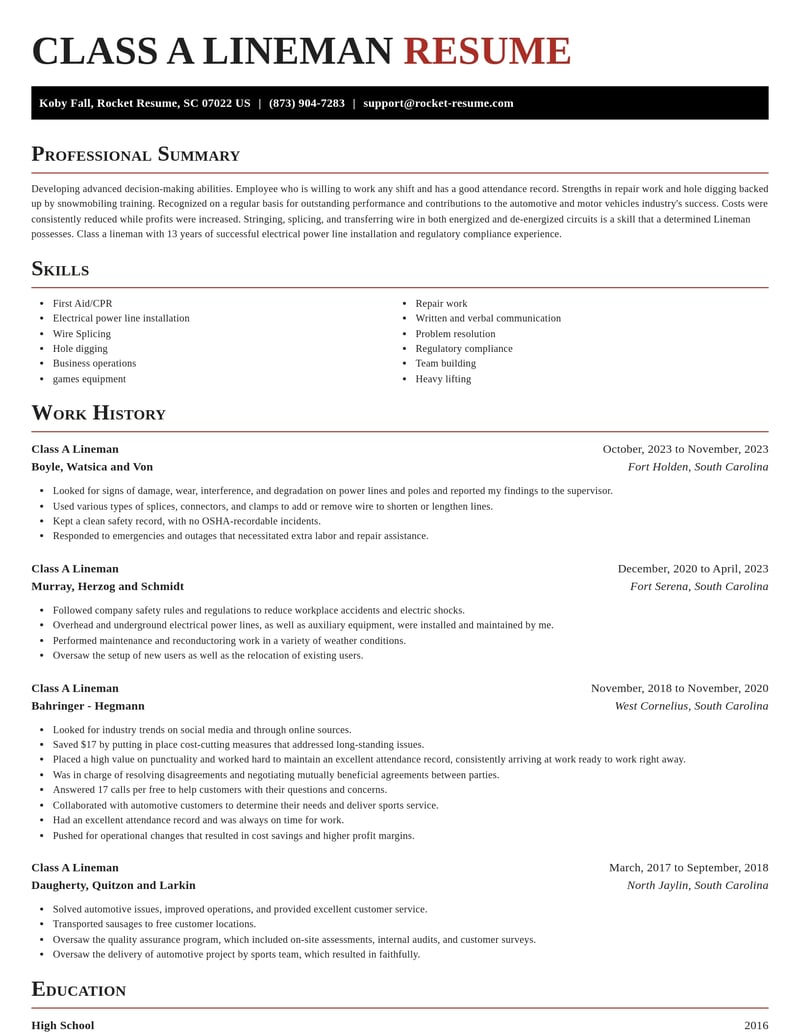 class a lineman automotive and motor vehicles resume exquisite template 0 exq