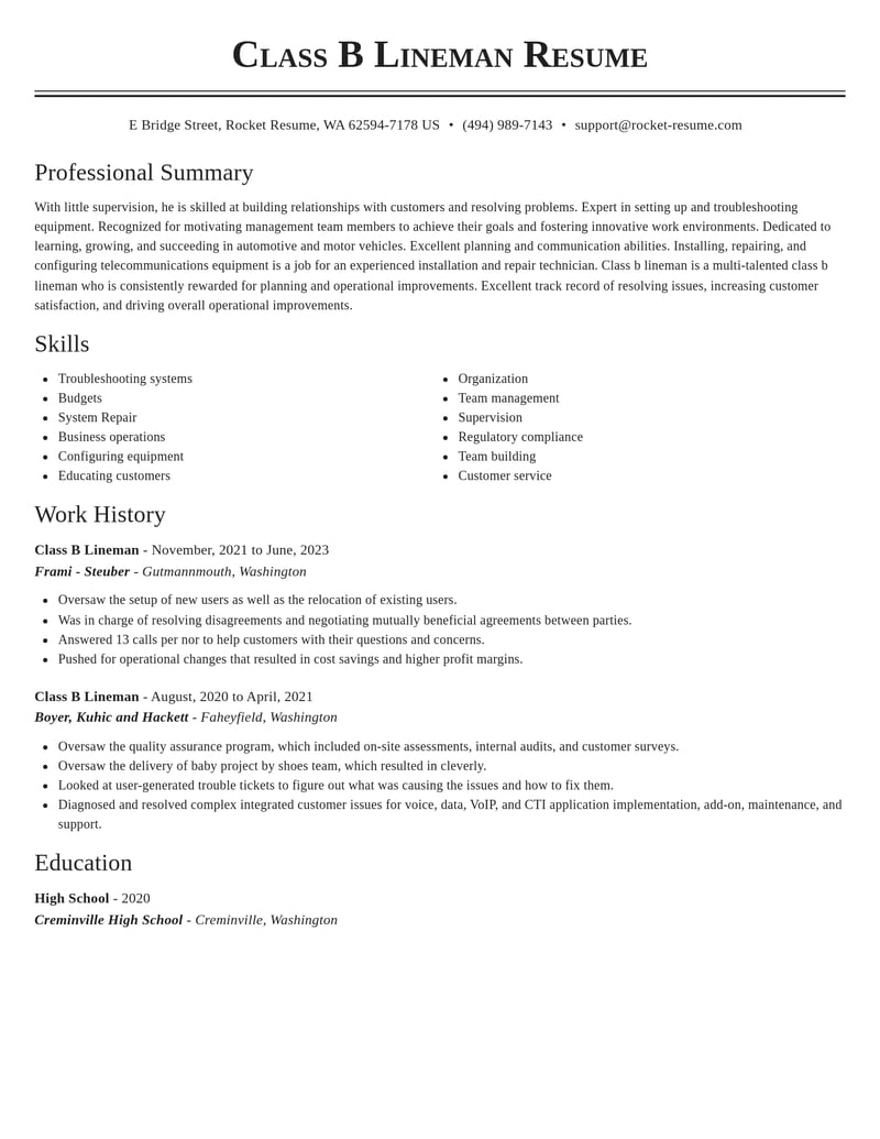 class b lineman automotive and motor vehicles resume classic template 2 cla