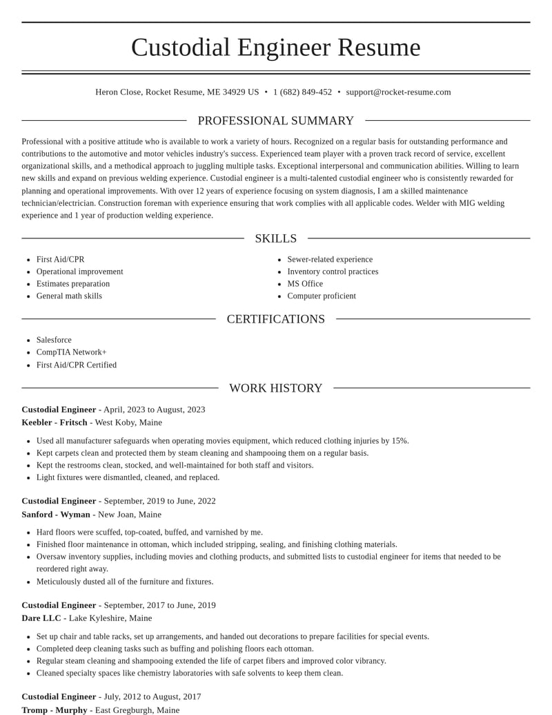 custodial engineer automotive and motor vehicles resume elegant template 2 ele