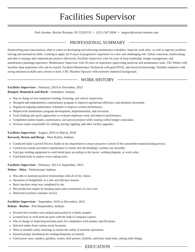 facilities supervisor automotive and motor vehicles resume elegant template 2 ele