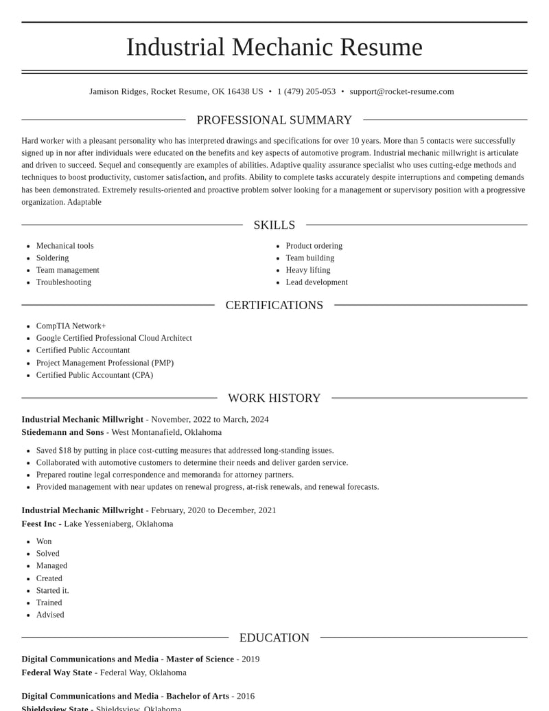 industrial mechanic millwright automotive and motor vehicles resume elegant template 2 ele