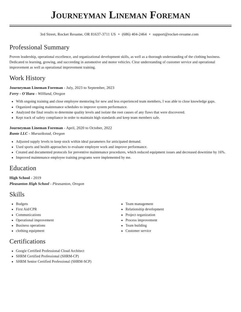 journeyman lineman foreman automotive and motor vehicles resume classic template 1 cla