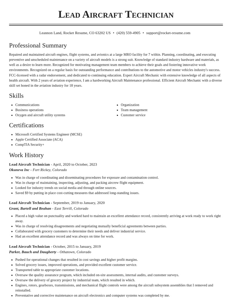lead aircraft technician automotive and motor vehicles resume classic template 0 cla