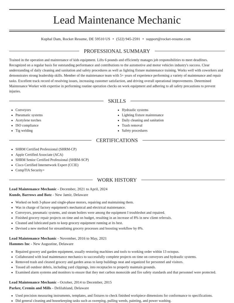 lead maintenance mechanic automotive and motor vehicles resume elegant template 2 ele